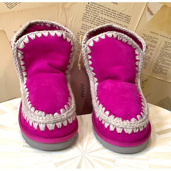 Free People MOU Glacier Shearling Ankle Boots Pink Tan Stitched Fur Lined - Picture 5 of 9